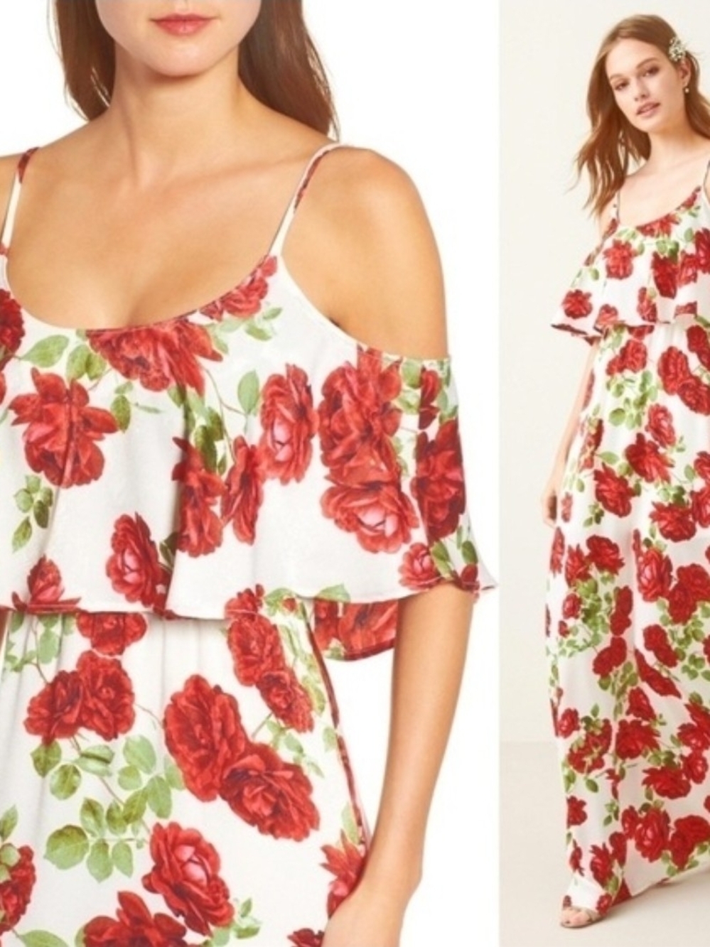 Show Me Your MuMu White Dress with Red Floral and Green Leaves